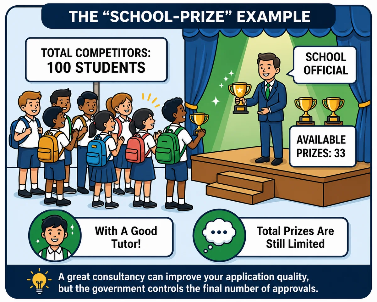 School prize analogy illustrating how Singapore PR approval numbers work — limited places regardless of tutor quality